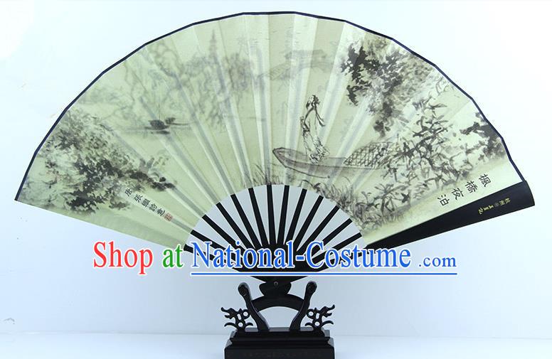 Traditional Chinese Handmade Crafts Ebonize White Folding Fan, China Sensu Painting Soliloquy at Cold Mountain Temple Silk Fan Hanfu Fans for Men