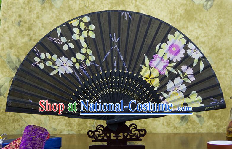 Traditional Chinese Handmade Crafts Folding Fan, China Pink Printing Flowers Sensu Black Silk Fan Hanfu Fans for Women