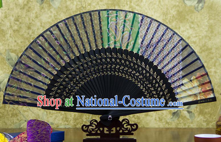 Traditional Chinese Handmade Crafts Folding Fan, China Pink Printing Flowers Sensu Black Silk Fan Hanfu Fans for Women