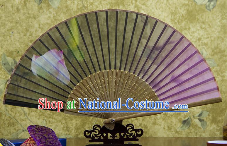 Traditional Chinese Handmade Crafts Folding Fan, China Green Printing Lotus Flowers Sensu Pink Silk Fan Hanfu Fans for Women