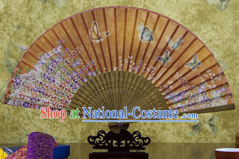 Traditional Chinese Handmade Crafts Folding Fan, China Green Printing Butterfly Flowers Sensu Orange Silk Fan Hanfu Fans for Women