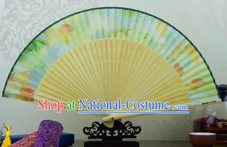 Traditional Chinese Handmade Crafts Folding Fan, China Green Printing Flowers Sensu Green Silk Fan Hanfu Fans for Women