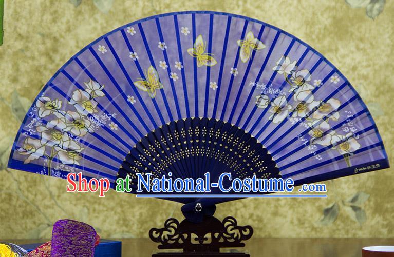 Traditional Chinese Handmade Crafts Folding Fan, China Printing Butterfly Flowers Sensu Blue Silk Fan Hanfu Fans for Women