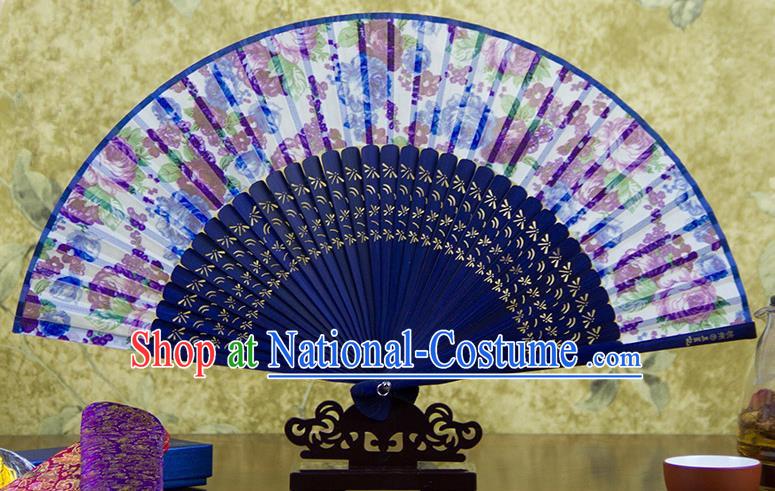 Traditional Chinese Handmade Crafts Folding Fan, China Printing Flowers Sensu Purple Silk Fan Hanfu Fans for Women