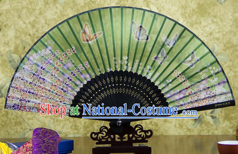 Traditional Chinese Handmade Crafts Folding Fan, China Printing Butterfly Flowers Sensu Green Silk Fan Hanfu Fans for Women