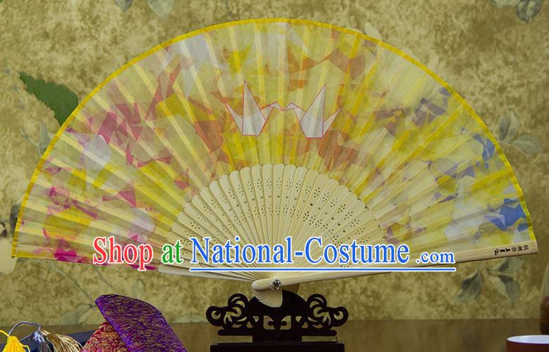 Traditional Chinese Handmade Crafts Folding Fan, China Printing Paper Crane Sensu Yellow Silk Fan Hanfu Fans for Women