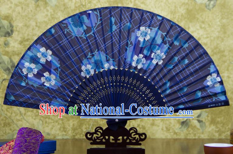 Traditional Chinese Handmade Crafts Folding Fan, China Printing Flowers Sensu Blue Silk Fan Hanfu Fans for Women