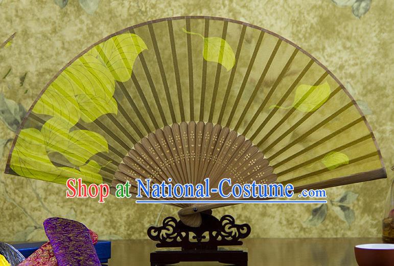 Traditional Chinese Handmade Crafts Folding Fan, China Printing Leaf Sensu Yellow Silk Fan Hanfu Fans for Women