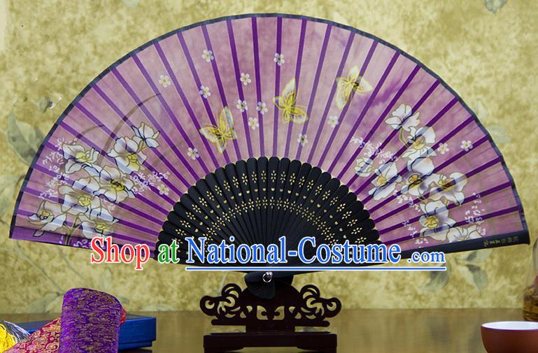 Traditional Chinese Handmade Crafts Folding Fan, China Printing Butterfly Sensu Purple Silk Fan Hanfu Fans for Women