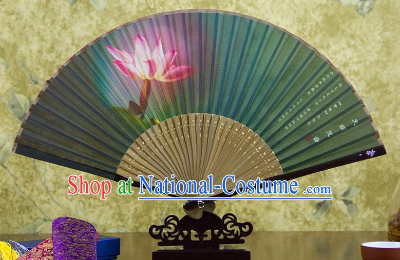 Traditional Chinese Handmade Crafts Folding Fan, China Printing Lotus Flower Sensu Green Silk Fan Hanfu Fans for Women