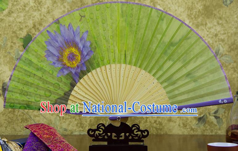 Traditional Chinese Handmade Crafts Folding Fan, China Printing Blue Lotus Flower Sensu Silk Fan Hanfu Fans for Women