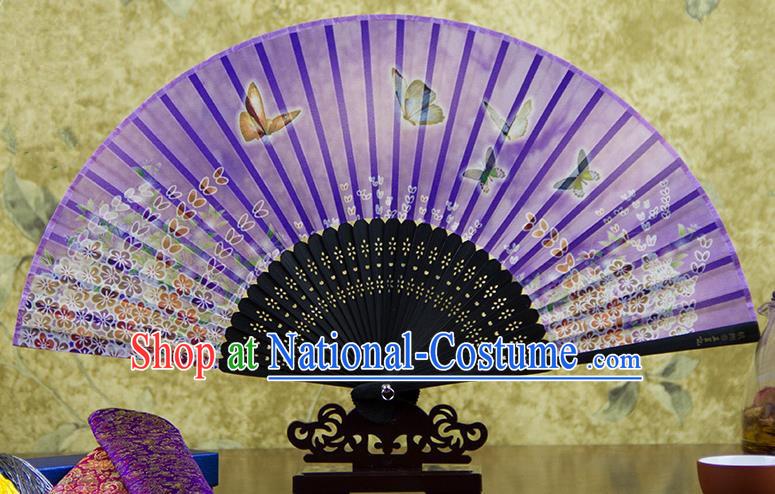 Traditional Chinese Handmade Crafts Folding Fan, China Printing Butterfly Flowers Sensu Purple Silk Fan Hanfu Fans for Women