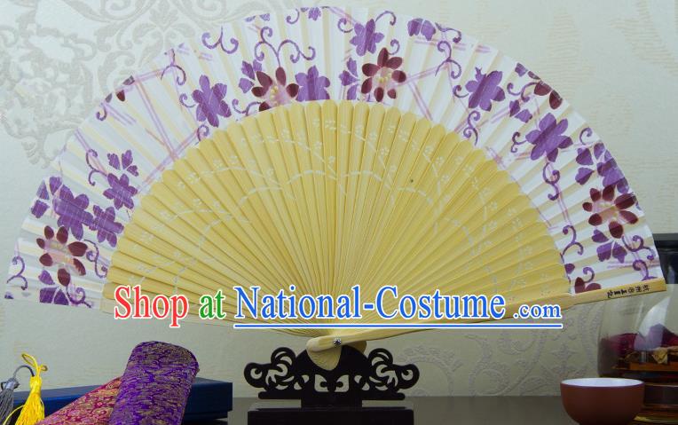 Traditional Chinese Handmade Crafts Folding Fan, China Printing Purple Flowers Sensu Silk Fan Hanfu Fans for Women