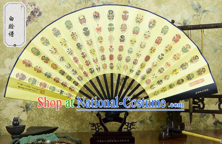 Traditional Chinese Handmade Crafts Ebonize Folding Fan, China Sensu Printing Beijing Opera Facial Masks Silk Fan Hanfu Fans for Men