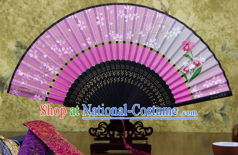 Traditional Chinese Handmade Crafts Two-segment Folding Fan, China Printing Flowers Sensu Pink Silk Fan Hanfu Fans for Women