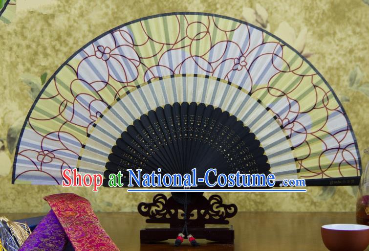 Traditional Chinese Handmade Crafts Two-segment Folding Fan, China Printing Flowers Sensu Yellow Silk Fan Hanfu Fans for Women