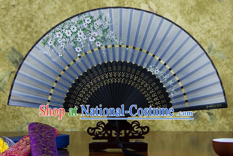 Traditional Chinese Handmade Crafts Two-segment Folding Fan, China Printing Flowers Sensu Blue Silk Fan Hanfu Fans for Women