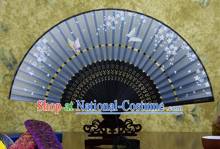 Traditional Chinese Handmade Crafts Two-segment Folding Fan, China Printing Butterfly Sensu Blue Silk Fan Hanfu Fans for Women