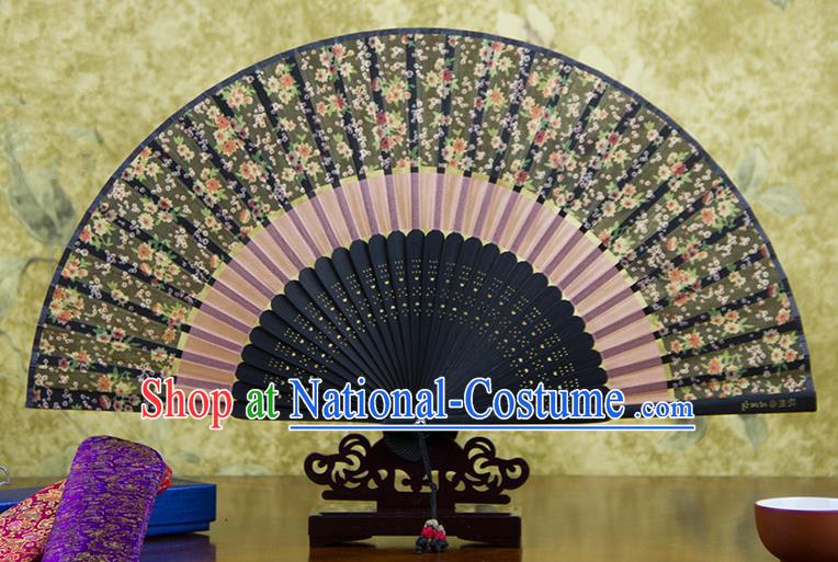 Traditional Chinese Handmade Crafts Two-segment Folding Fan, China Printing Flowers Sensu Black Silk Fan Hanfu Fans for Women