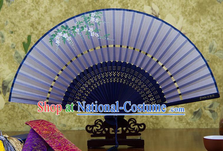 Traditional Chinese Handmade Crafts Two-segment Folding Fan, China Printing Flowers Sensu Blue Silk Fan Hanfu Fans for Women