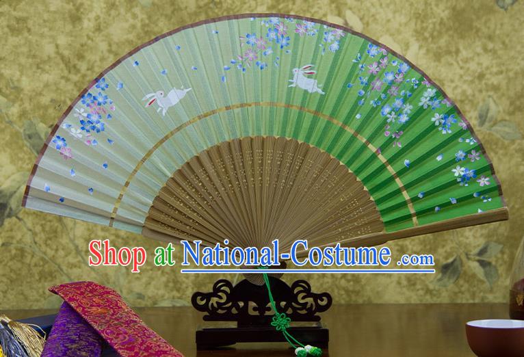 Traditional Chinese Handmade Crafts Two-segment Folding Fan, China Printing Flowers Rabbit Sensu Green Silk Fan Hanfu Fans for Women