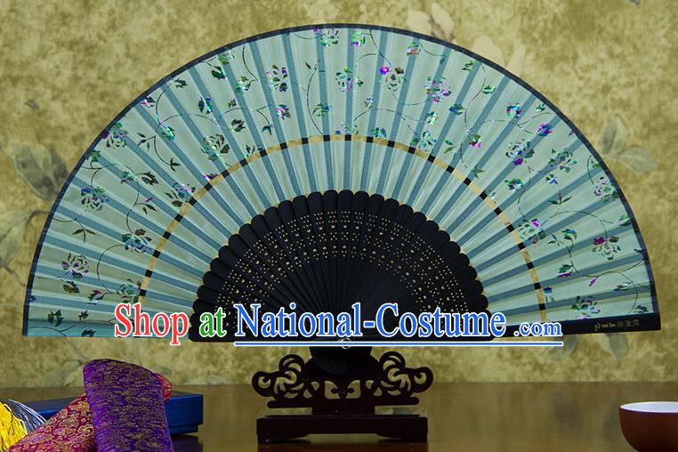 Traditional Chinese Handmade Crafts Two-segment Folding Fan, China Printing Rose Flowers Sensu Light Blue Silk Fan Hanfu Fans for Women