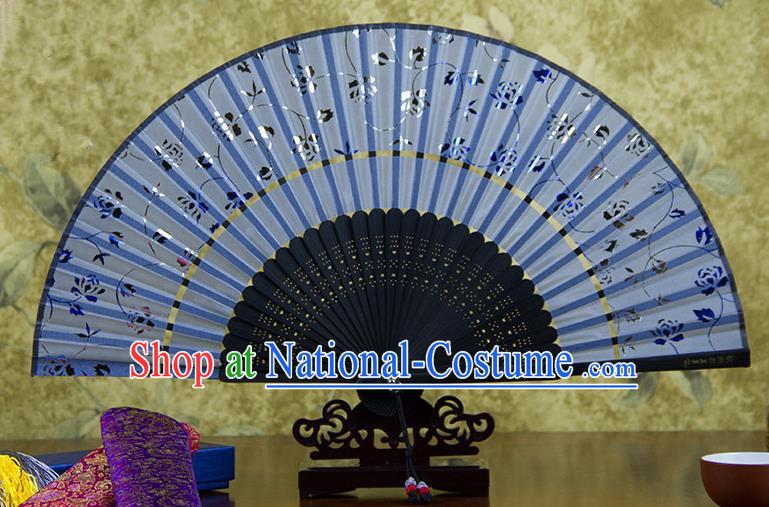 Traditional Chinese Handmade Crafts Two-segment Folding Fan, China Printing Rose Flowers Sensu Blue Silk Fan Hanfu Fans for Women