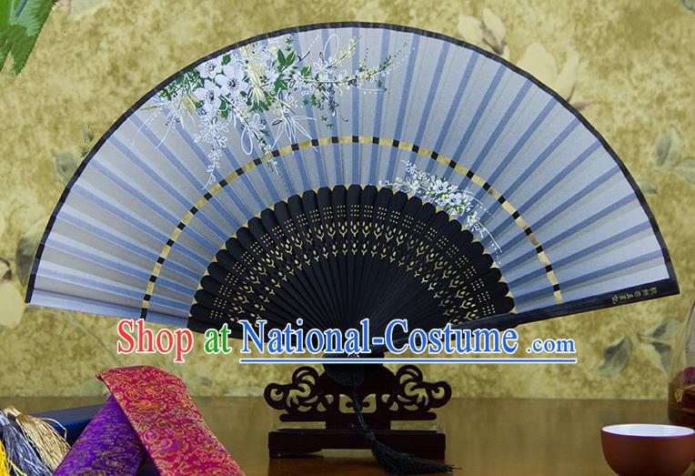 Traditional Chinese Handmade Crafts Two-segment Folding Fan, China Printing Flowers Sensu Blue Silk Fan Hanfu Fans for Women