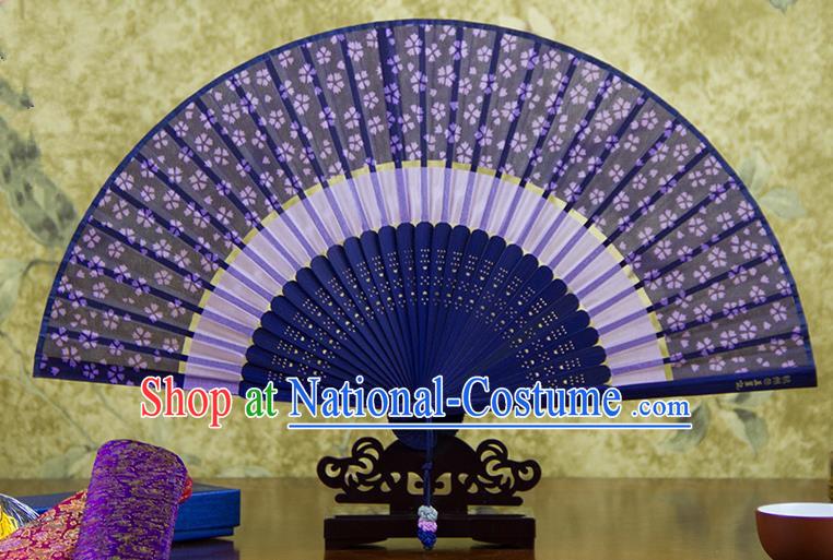 Traditional Chinese Handmade Crafts Two-segment Folding Fan, China Printing Flowers Sensu Purple Silk Fan Hanfu Fans for Women