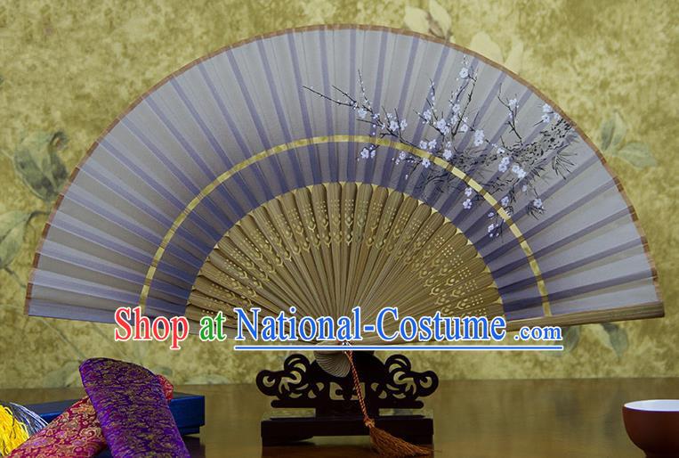 Traditional Chinese Handmade Crafts Two-segment Folding Fan, China Printing Plum Blossom Sensu Light Purple Silk Fan Hanfu Fans for Women