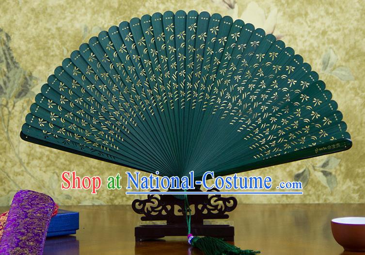 Traditional Chinese Handmade Crafts Bamboo Carving Folding Fan, China Classical Printing Dragonfly Sensu Hollow Out Wood Green Fan Hanfu Fans for Women