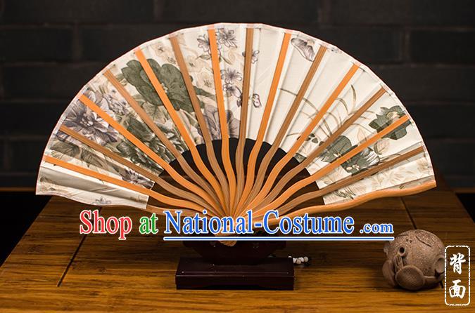 Traditional Chinese Handmade Crafts Folding Fan, China Printing Summer Lotus Sensu Silk Fan Hanfu Fans for Women