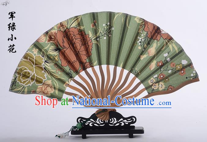 Traditional Chinese Handmade Crafts Folding Fan, China Printing Flower Sensu Green Silk Fan Hanfu Fans for Women