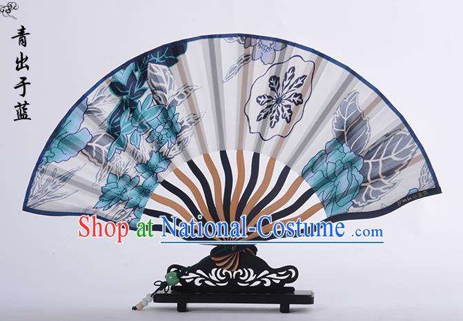 Traditional Chinese Handmade Crafts Folding Fan, China Printing Blue Flower Sensu Silk Fan Hanfu Fans for Women