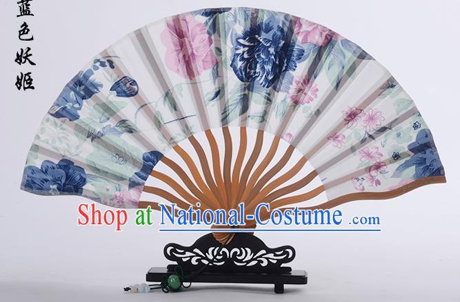 Traditional Chinese Handmade Crafts Folding Fan, China Printing Blue Flower Sensu White Silk Fan Hanfu Fans for Women