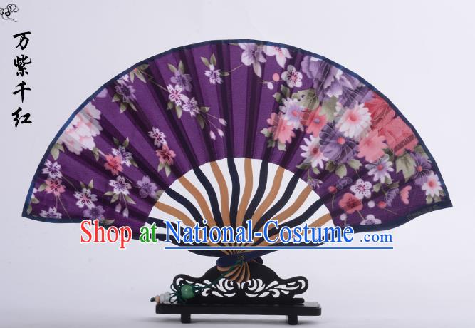 Traditional Chinese Handmade Crafts Folding Fan, China Printing Flowers Sensu Purple Silk Fan Hanfu Fans for Women