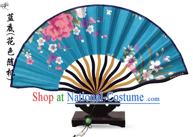 Traditional Chinese Handmade Crafts Folding Fan, China Printing Flowers Sensu Blue Silk Fan Hanfu Fans for Women