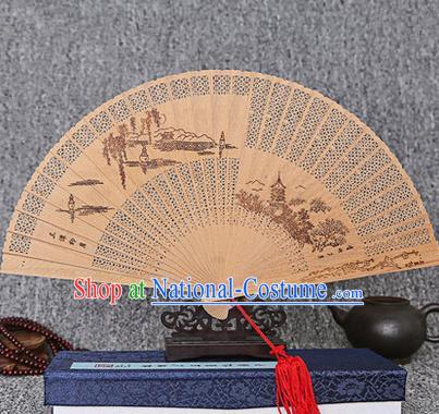 Traditional Chinese Handmade Crafts Sandalwood Folding Fan, China Classical Three Pools Mirroring the Moon Sensu Hollow Out Wood Fan Hanfu Fans for Women