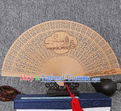 Traditional Chinese Handmade Crafts Sandalwood Folding Fan, China Classical Pagoda of Six Harmonies Sensu Hollow Out Wood Fan Hanfu Fans for Women