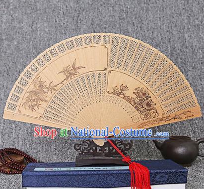 Traditional Chinese Handmade Crafts Sandalwood Folding Fan, China Classical Bamboo and Chrysanthemum Sensu Hollow Out Wood Fan Hanfu Fans for Women