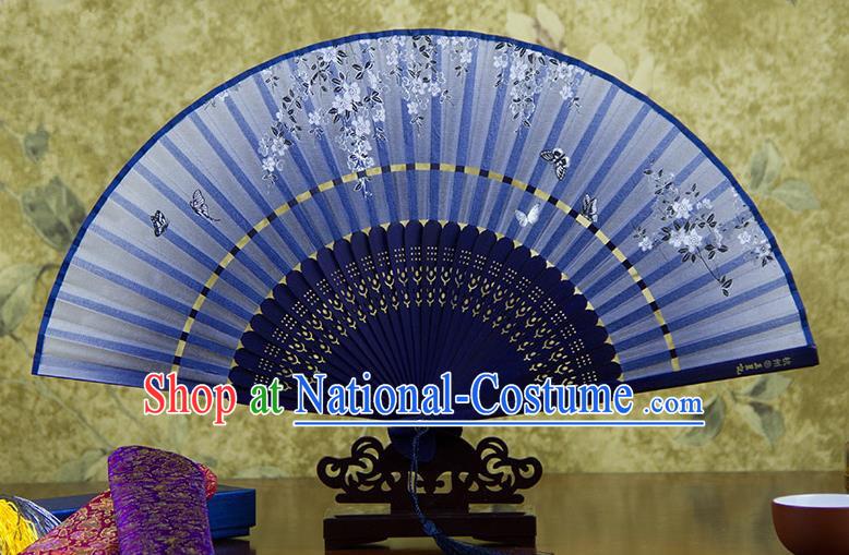 Traditional Chinese Handmade Crafts Two-segment Folding Fan, China Printing Butterfly Sensu Blue Silk Fan Hanfu Fans for Women