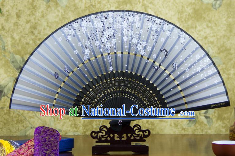 Traditional Chinese Handmade Crafts Two-segment Folding Fan, China Printing Butterfly Sensu Grey Silk Fan Hanfu Fans for Women