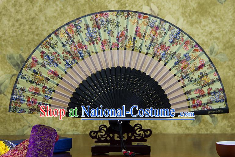 Traditional Chinese Handmade Crafts Two-segment Folding Fan, China Printing Flowers Sensu Green Silk Fan Hanfu Fans for Women