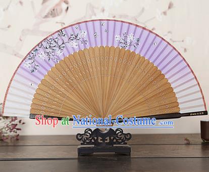 Traditional Chinese Handmade Crafts Bamboo Rib Folding Fan, China Classical Printing Peach Flowers Sensu Gradient Purple Silk Fan Hanfu Fans for Women