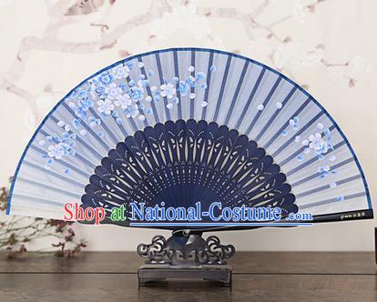 Traditional Chinese Handmade Crafts Bamboo Rib Folding Fan, China Classical Printing Peach Flowers Sensu Blue Silk Fan Hanfu Fans for Women