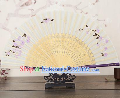 Traditional Chinese Handmade Crafts Bamboo Rib Folding Fan, China Classical Printing Peach Flowers Sensu Beige Silk Fan Hanfu Fans for Women