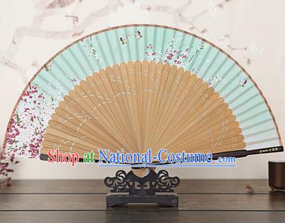 Traditional Chinese Handmade Crafts Bamboo Rib Folding Fan, China Classical Printing Peach Flowers Sensu Gradient Green Silk Fan Hanfu Fans for Women