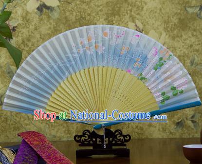 Traditional Chinese Handmade Crafts Bamboo Rib Folding Fan, China Classical Printing Butterfly Sensu Gradient Blue Silk Fan Hanfu Fans for Women