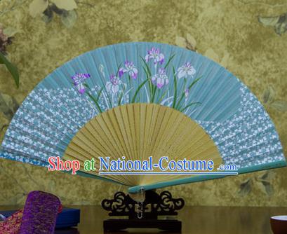 Traditional Chinese Handmade Crafts Bamboo Rib Folding Fan, China Classical Printing Orchid Sensu Blue Silk Fan Hanfu Fans for Women