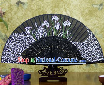 Traditional Chinese Handmade Crafts Bamboo Rib Folding Fan, China Classical Printing Orchid Sensu Black Silk Fan Hanfu Fans for Women